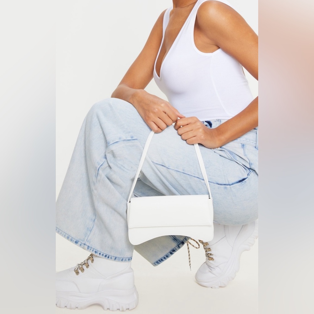 White PU Flap Over Baguette Shoulder Bag